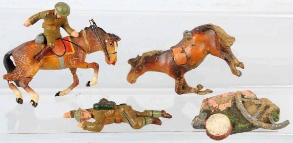 Lineol 9 cm U.S. Army Casualties.: Includes one dead horse, lying wounded soldier, one soldier being shot off his horse, and a pile of battlefield debris. Horses have crackling paint. Condition (Very Good).