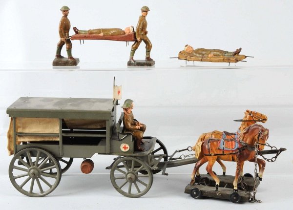 Lineol 9 cm Horse Drawn Ambulance.: Includes medical figures as shown in photo. Light cracks on the horses legs. Condition (Very Good).