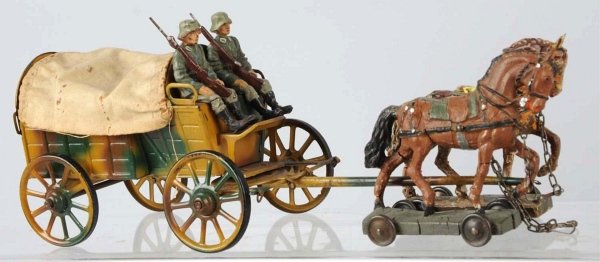 Lineol 7.5 cm tinplate Camouflage Supply Wagon.: With very nice tinplate parts. Horses are rough. Condition (Good - Very Good). Size 11" L.