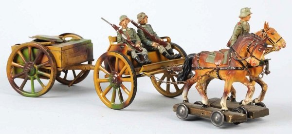 Lineol 7.5 cm Tinplate Horse-Drawn Field Kitchen.: Missing stack and pot. Condition (Very Good). Size 11 - 1/2" L.