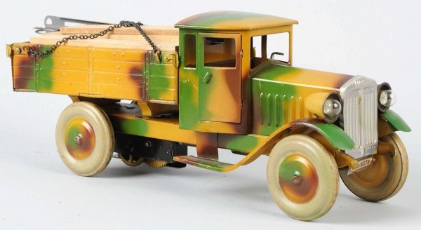 Lineol Tinplate Bridge Truck with Bridge.: Mechanism is working. Electric lights have not been tested and the bridge may not be complete. Partially repainted. Condition (Good - Very Good).