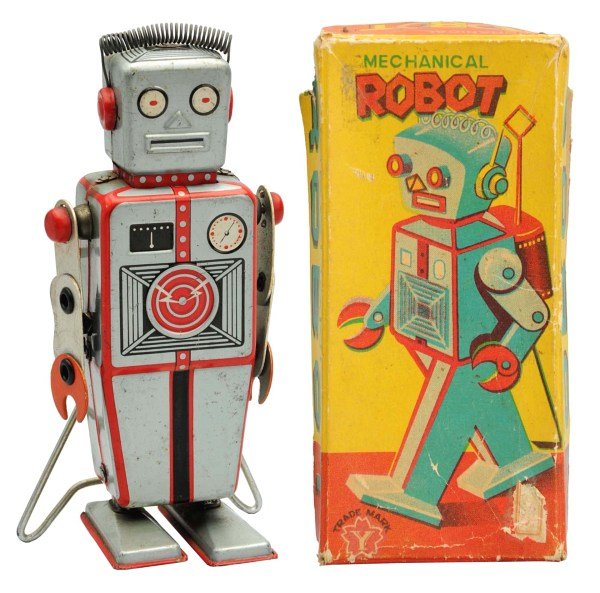 Tin Litho Wind-Up Mechanical Robot.: Japanese, Yonezawa. Also known as an Easel Back. Working. Some crazing throughout. Includes original box with some fading, edge wear, and tears to one side panel and end panel. Also, the box bottom is