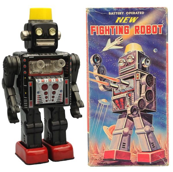 Tin Litho Battery-Operated New Fighting Robot.: Japanese, Horikawa. Working. Scarce variation. Includes original box. Condition (Excellent - Near Mint). Size 11 - 1/4" T.