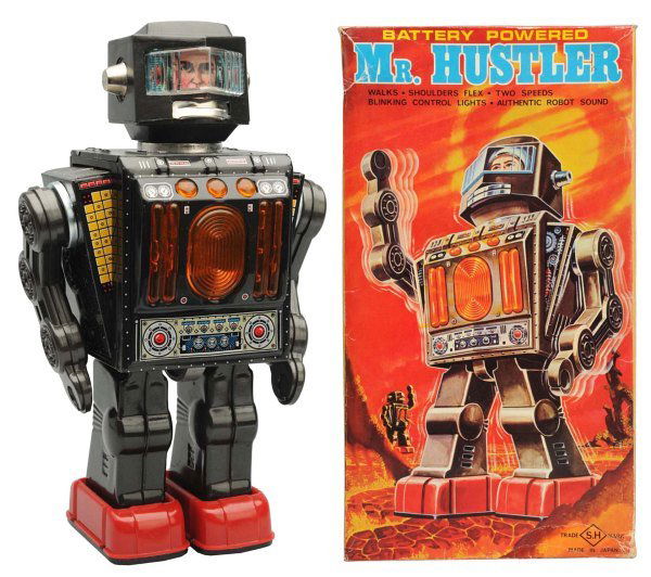 Tin Litho Battery-Operated Mr. Hustler Robot.: Japanese, Horikawa. Working. Minor crazing to back and inside of battery door. Original box included with inserts. Condition Toy (Excellent) Box (Excellent). Size 11 - 1/4" T.