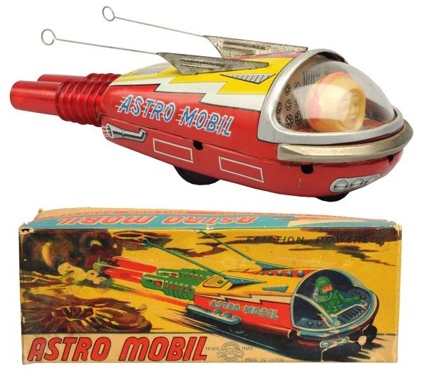 Tin Litho Friction Astro Mobile.: Japanese, Marubishi. Working but the wheels are slipping a bit from the axle and the spark is weak. Includes original box with one puncture to face. Condition Toy (Near Mint) Box (Excellent). Size 8 -