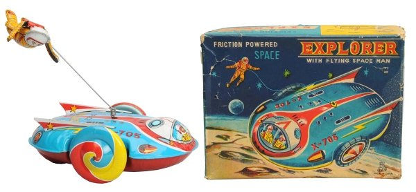 Tin Space Explorer with Flying Spaceman X-705.: Japanese, TPS. Working. This example is a scarcer variation of this toy. Includes original box with one 1" puncture to the left side of the box, three other small punctures, tear repairs to one side p