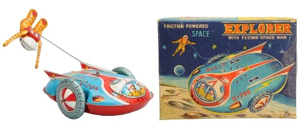 Tin Litho Friction Space Explorer X-705.: Japanese, TPS. Working. Includes original box with two very minor punctures to face. Toy (Near Mint) Box (Excellent - Near Mint). Size 6 - 1/2" L.