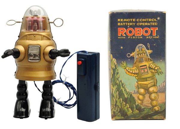 Tin Painted Battery-Operated Pistol Action Robot.: Japanese, Nomura. Also known as Pug Robby. Rare variation with rotating antennas. Working. One hand is detached but present. Battery remote is a vintage replacement as is the wire. Includes a rare var