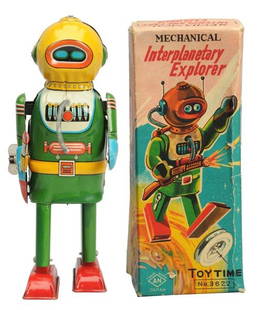 Tin Litho Wind-Up Interplanetary Explorer Robot.: Japanese, Naito Shoten. Working. Minor crazing to foot. Original box included which has a one inch piece of paper missing to side panel and some creasing. Condition Toy (Excellent) Box (Very Good). Si