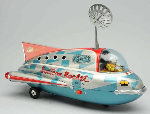 Tin Litho Battery-Operated Sonicon Rocket.: Japanese, Masudaya. Working Checkered variation. Missing whistle. Condition (Excellent - Near Mint). Size 14" L.