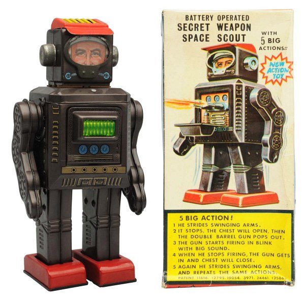 Tin Litho Secret Weapon Space Scout.: Japanese, Horikawa. Battery-operated. Working. Original box included. Condition Toy (Near Mint) Box (Excellent). Size 8 - 3/4" T.