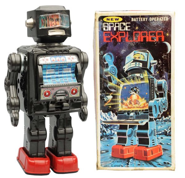 Tin Litho Battery-Operated Space Explorer.: Japanese, Horikawa. Working. Original box included with one corner split and original insert. Condition Toy (Near Mint) Box (Very Good). Size 11 - 1/2" T.
