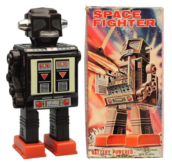Tin Litho Battery-Operated Space Fighter Robot.: Japanese, Horikawa. Working. This is the version where the body extends up and down. Original box included with minor tears. Condition Toy (Excellent) Box (Excellent). Size 9" T.