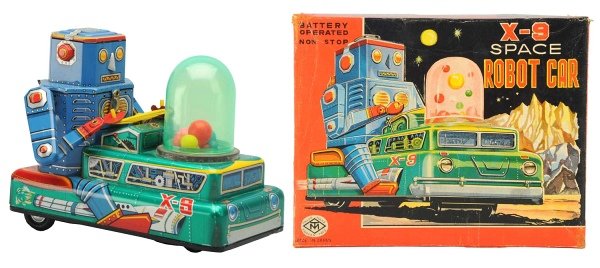 Tin Litho Battery-Operated X-9 Space Robot Car.: Japanese, Masudaya. Working. Includes original box with two corner tear repairs and some minor touchup on a couple corners. Toy (Near Mint) Box (Excellent - Near Mint). Size 7 - 1/2" L.