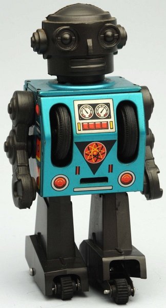 Tin Litho & Plastic Friction Rusher Robot.: Version of this robot was sold in Japan for the Japanese market. Made by Horikawa. Working. Includes original box with some creasing and tear repairs. Condition Toy (Near Mint) Box (Very Good). Size 6