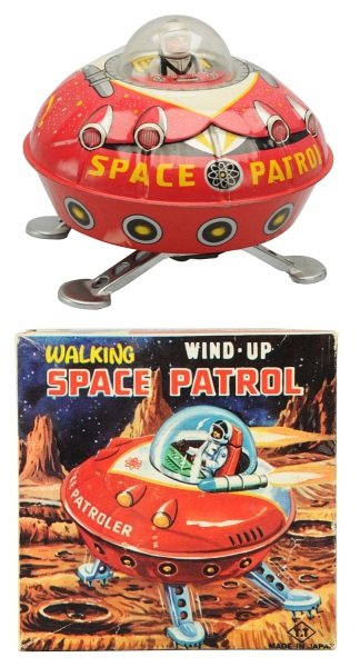 Tin Litho Wind-Up Walking Space Patrol.: Japanese, Takatoku Gangu. Working. Includes original box with insert. Condition (Near Mint). Size 11 - 3/4" Dia.