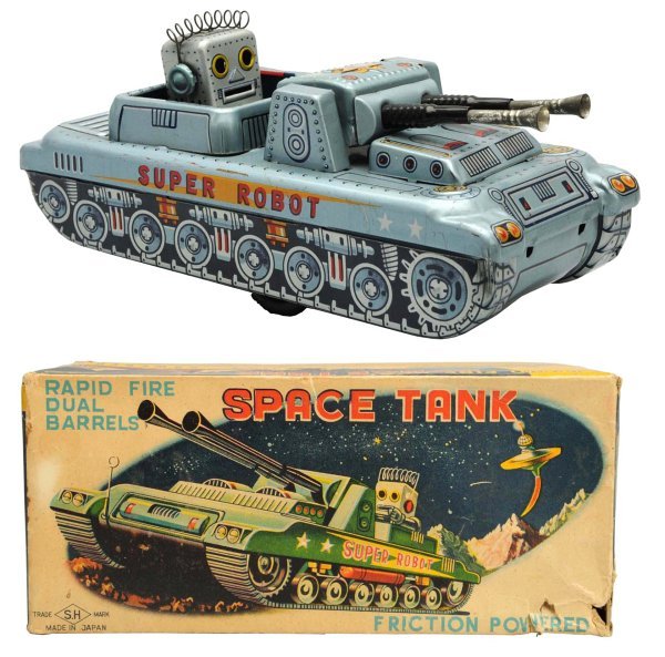 Tin Litho Friction Super Robot Space Tank.: Japanese, Horikawa. Working. Includes original box with a 1" x 2" area missing from one side panel along with a puncture to one edge. Condition Toy (Near Mint) Box (Very Good). Size 8 - 3/4" L.