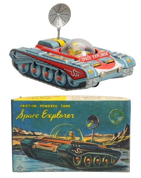 Tin Litho Friction Space Explorer.: Japanese, Tomuro. Working. Includes original box with one professional tear repair across the face, on one side panel, and in one corner. Toy (Excellent - Near Mint) Box (Excellent). Size 7" L.