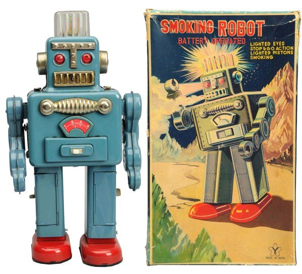 Tin Litho Battery-Operated Blue Smoking Robot.: Japanese, Yonezawa. Working. Some aging to creases of the tin. With some tape residue on the back of head as well otherwise excellent. Original box included with one inch-by-inch piece missing from bo