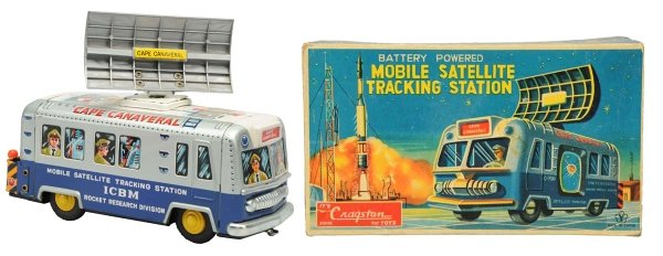 Tin Litho Mobile Satellite Tracking Station.: Japanese, Yonezawa. Battery-operated, working. Cape Canaveral. Includes original box with insert. Condition (Near Mint). Size 8" L.