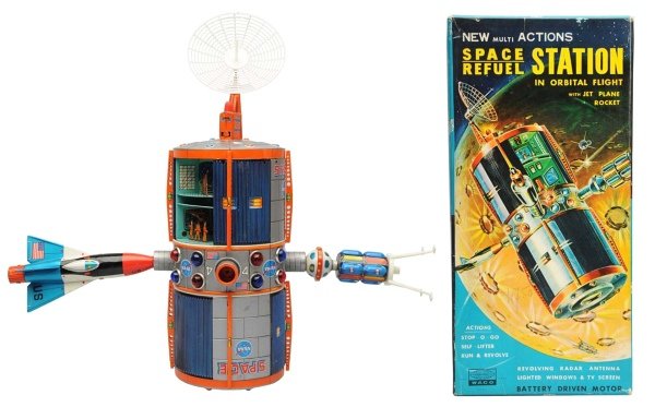 Tin Litho Battery-Operated Space Refuel Station.: Japanese, Waco. Working. Toy has one split where the radar dish fits into the post. Includes original box with some minor pencil writing on front. Condition (Near Mint). Size 15 - 1/2" T.