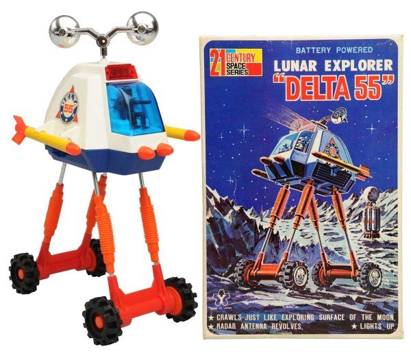 Plastic & Tin Battery-Op Lunar Explorer Delta 55.: Japanese, Yonezawa. Working. Includes original box. Condition (Near Mint). Size 10 - 3/4" T.