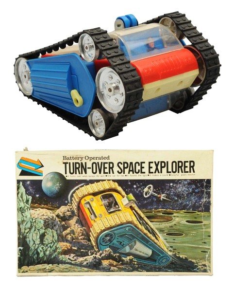 Plastic Battery-Operated Turnover Space Explorer.: Japanese, Gakken. Not working. Toy is somewhat dirty but is still in excellent condition Includes original box. Condition Toy (Excellent) Box (Near Mint). Size 8 - 1/4" L.