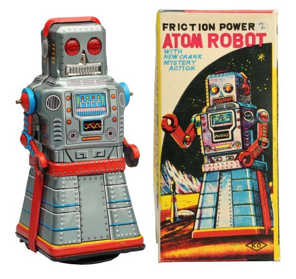 Tin Litho Crank-Wind Atom Robot.: Japanese, Yoshiya. Working. Includes box with one hole puncture to bottom. Condition Toy (Near Mint) Box (Excellent). Size 6 - 1/2" T.