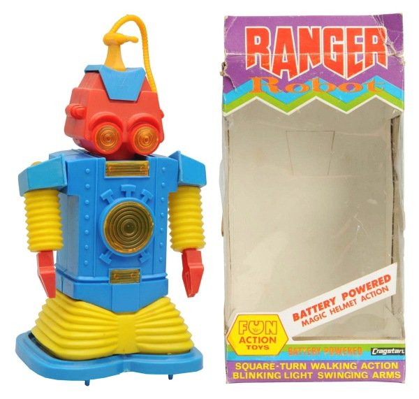 Plastic Battery-Operated Ranger Robot.: Hong Kong, Cragstan. Working. Repair done to plastic inside shoulders. This is not noticeable. Original box included with some corner tears and splits to cellophane window. Condition Toy (Very Good) B