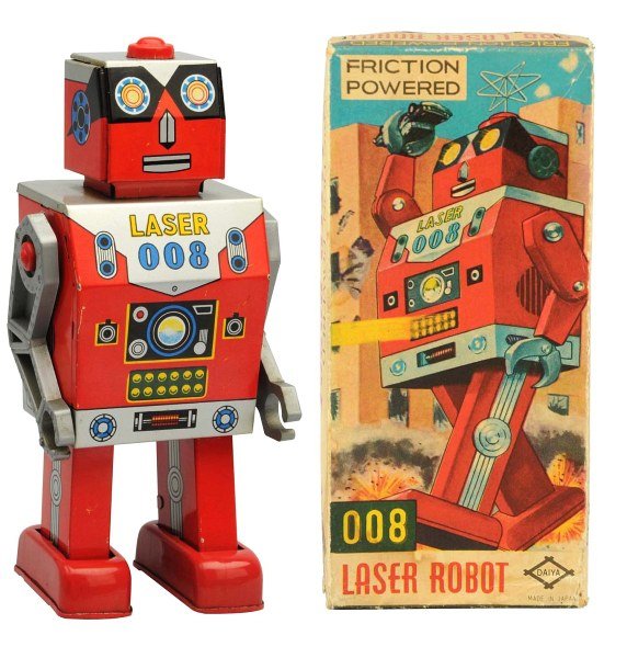 Tin Litho Crank-Wind Laser Robot 008.: Japanese, Daiya. Working. Includes original box. Condition (Excellent - Near Mint). Size 7" T.