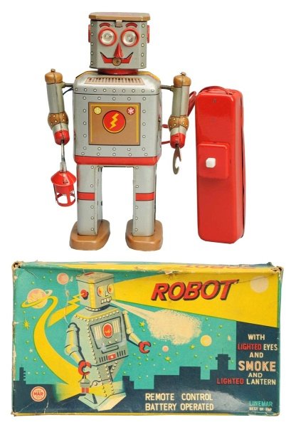 Tin Litho Battery-Operated Lantern Robot.: Japanese, Linemar. AKA Powder Robot. Working. Some minor scratches. Includes original box with a 3/4" x 2" piece that has separated from one panel, two corner tears (one on face), and some creasing. C