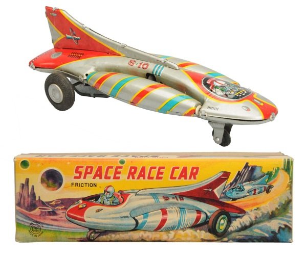 Tin Litho Friction Space Race Car S-10.: Japanese, Yano Man Toys. Working. Some very light scratching. Includes original box. Condition (Near Mint). Size 9" L.