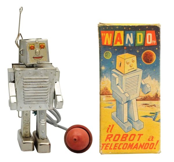 Tin Painted Pneumatic Nando Robot.: Italian. Not tested because the rubber pneumatic device has hardened. Some light discoloration to the chrome. Includes original box with some minor corner tears. Condition (Very Good - Excellent). Siz