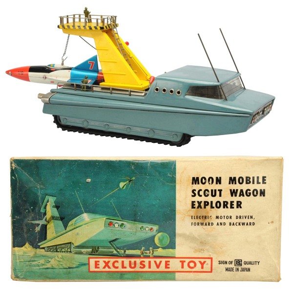 Painted Tin Battery-Op Moon Mobile Scout Explorer: Japanese, Bandai. Not working. The top part of the toy is in very good condition while the jet is an incorrect replacement. The bottom of the toy (in the black area where the battery box is) has ruste