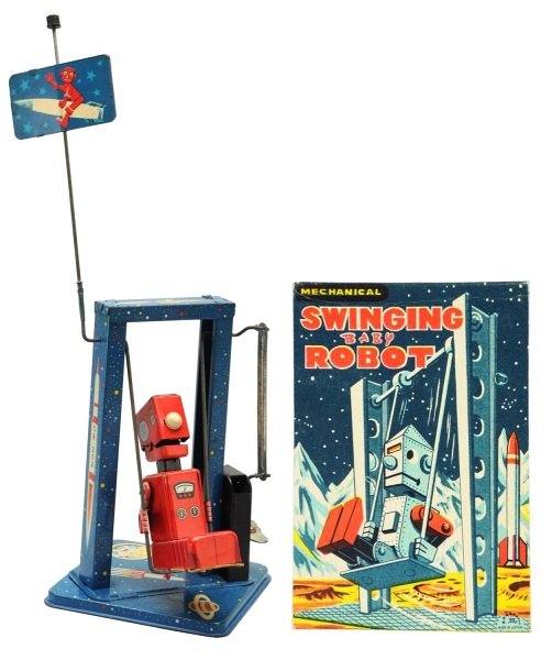 Tin Litho Wind-Up Swinging Baby Robot.: Japanese. Working. Some crazing throughout and the flag has two small spots. Includes the face cutout of the original box. Condition (Very Good - Excellent). Size 6 - 1/2" T.