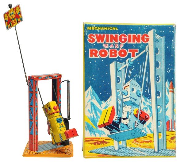 Tin Litho Wind-Up Swinging Baby Robot.: Japanese, Yone. Working. Original box included with inserts. Condition Toy (Near Mint) Box (Near Mint). Size 6 - 1/4" T.
