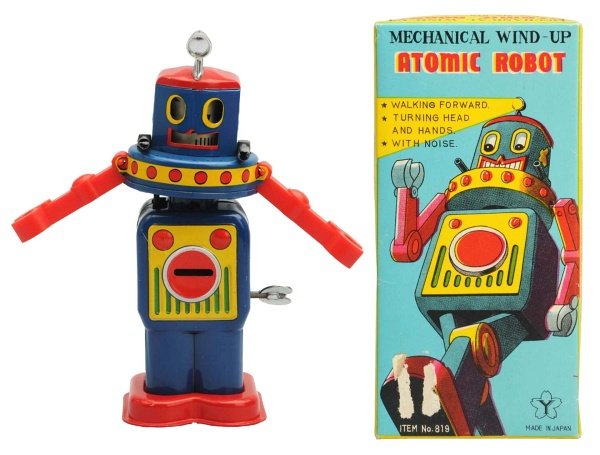 Tin Litho Wind-Up Atomic Robot.: Japanese, Yonezawa. Working. Original box included which has one small area where price tag has lifted paper. With original inserts. Condition Toy (Near Mint) Box (Excellent). Size 6 - 1/4" T.