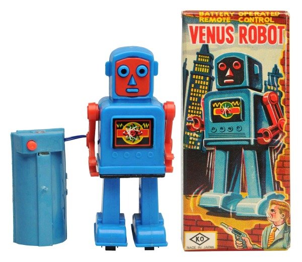 Tin Litho & Plastic Battery-Operated Venus Robot.: Japanese, Yoshiya. Working. Original box included. Condition Toy (Near Mint) Box (Near Mint). Size 5 - 1/2" T.