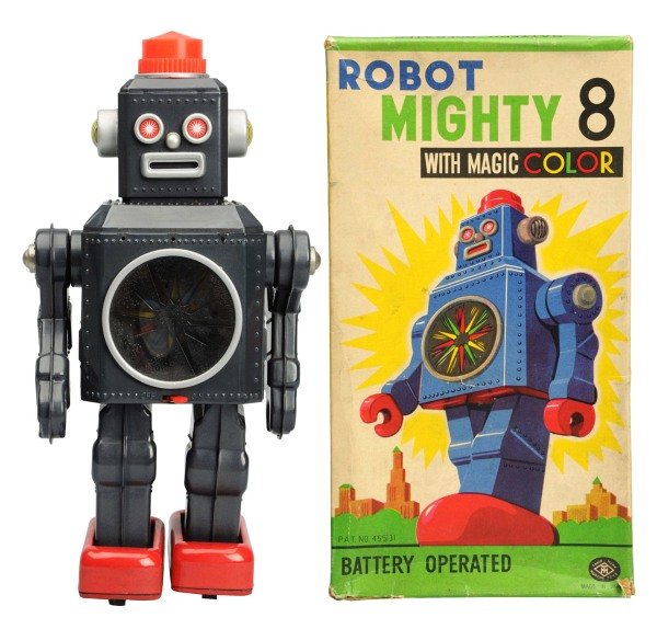 Tin Litho & Painted Battery-Op Robot Mighty 8.: Japanese, Masudaya. Working. Includes original box with one edge split and one corner split that has been reinforced on the inside (could be easily repaired). Box also has some minor tape residue on t