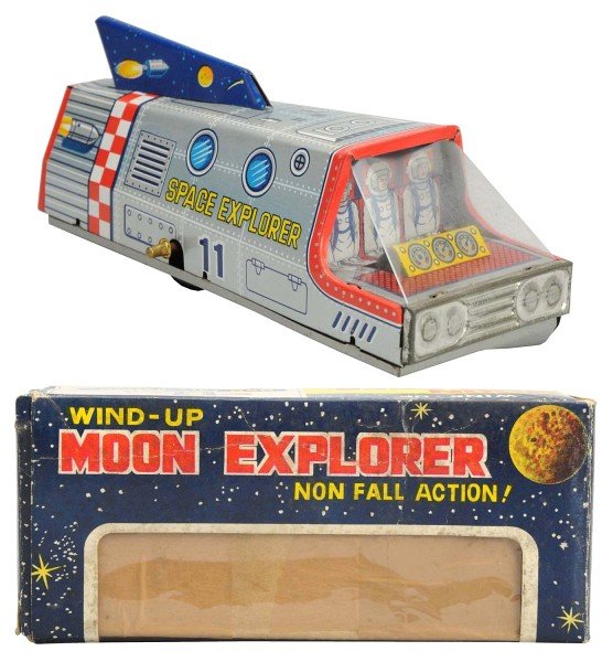 Tin Litho Wind-Up Moon Explorer.: Japanese, Takatoku Toys. Working. Includes original box with some dirt discoloration. Condition Toy (Near Mint) Box (Excellent). Size 6" L.