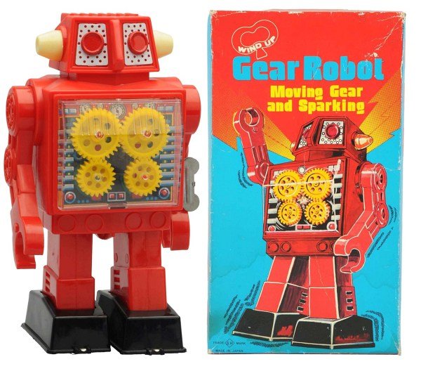 Tin Litho & Plastic Wind-Up Gear Robot.: Japanese, Horikawa. Working. Includes original box with inserts. Condition Toy (Near Mint) Box (Excellent). Size 8 - 1/4" T.