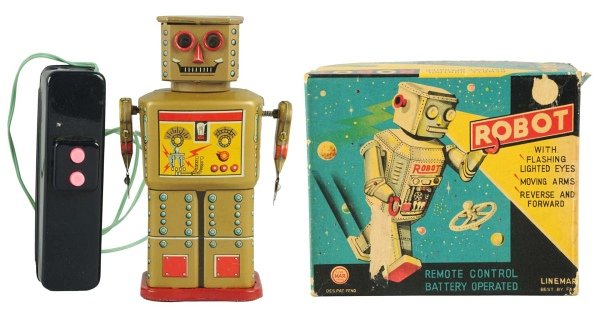 Tin Litho & Painted Tin Battery-Operated Robot.: Japanese, Linemar. AKA Golden Robot. Working. One arm has a substantial fading to the color and the other arm has a small bit of fading. Includes original box with a 2 - 1/2" x 1/2" paper lift on face