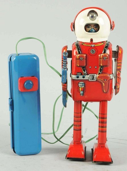 Tin Litho Battery-Operated Space Man.: Japanese, Linemar. Also known as Porthole Robot. Working. Some light scratching overall. Condition (Excellent - Near Mint). Size 8" T.