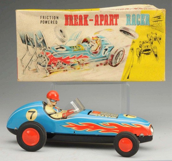 Tin Litho Friction Break-Apart Race Car Toy.: Japanese. Working. Original windshield and nice color lithography. Only minor scratching and wear. When in action, car crashes into object and breaks apart. All complete except for a possibly missing