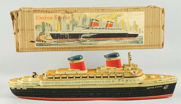 Tin Litho Battery-Op United States Ocean Liner.: Japanese. Toy has some general overall wear along with minor scratching throughout. Includes original box with nice color paper label on side. Box does have some creasing and tearing but is complete. 