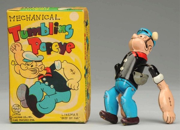 TIn Litho Linemar Tumbling Popeye Wind-Up Toy.: Japanese. Working. Popeye is all original including pipe and bowl. Some minor scratching and wear throughout, especially to outside arms. Includes very scarce original and complete box with some tape 