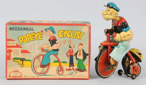 Tin Litho Linemar Wind-Up Popeye Cyclist Toy.: Japanese. Working. Marked "Made in Japan King Features Synd.". Toy is all original including pipe bowl and bell. Rubber wheels are good and original pants are slightly faded (as per usual with this to