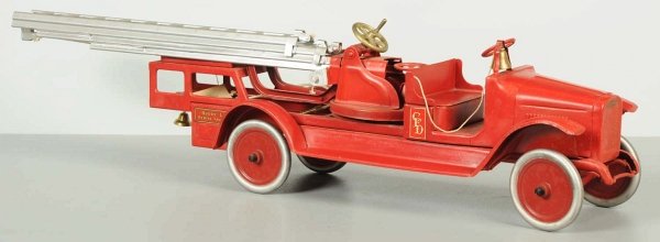 Pressed Steel Buddy L Aerial Ladder Truck.: American. Original truck that has been completely repainted with new decals and re-chromed ladders. Condition (Repainted). Size 39" L.