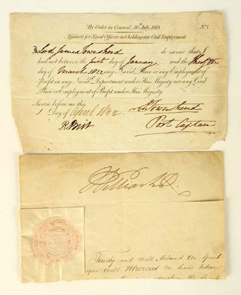 Lot of 2: Signed British Historical Documents.: Includes one partial letter autographed by King William IV (1765 - 1837) in black quill pen. Letter has the British Royal seal and comes with an LOA from JSA. Lot also includes an 1819 affidavit for N