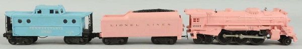 Original Lionel O27-Gauge Girl's Train Set.: Post-war. Engine, tender, and caboose in pastel colors. Includes a no. 2037 pink girl's train engine with matching Lionel Lines caboose and blue Pennsylvania porthole tender. All three have some chipp